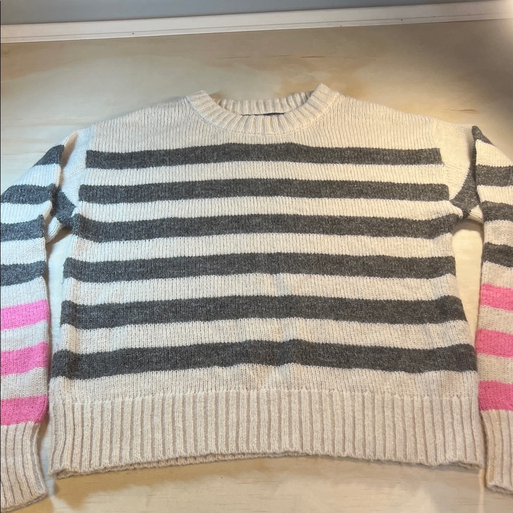 French Connection Cream and Gray Striped Sweater with Pink Accents